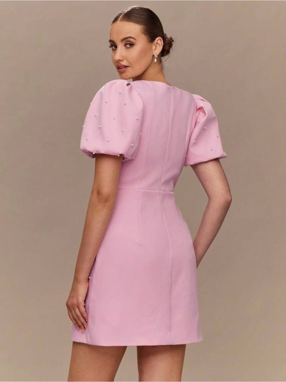 Pink Puff-Sleeve Mini Dress with Ivory Bows - Picture 6 of 6